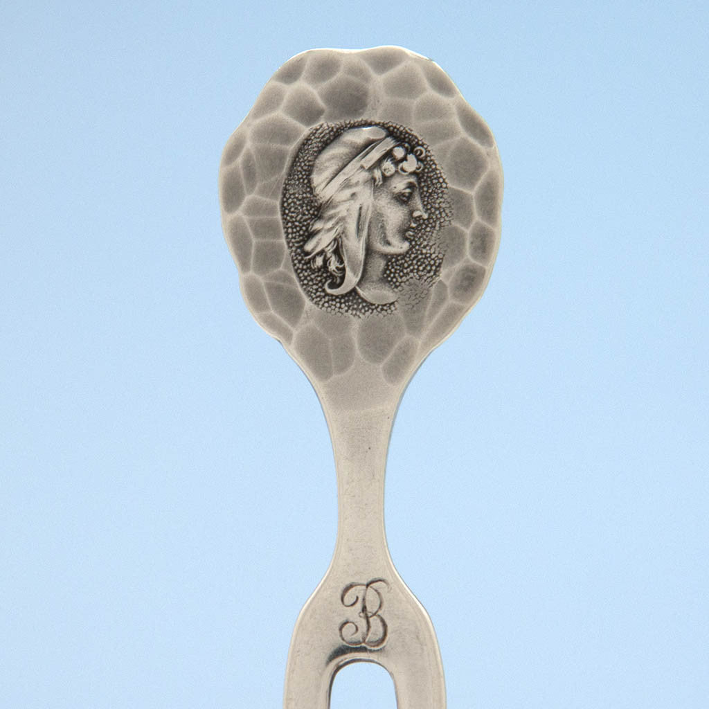 One medallion detail of Shiebler &#39;Homeric&#39; or &#39;Medallion&#39; Antique Sterling Silver Cherry or Fruit Picks - set of 12, New York City, c. 1890&#39;s