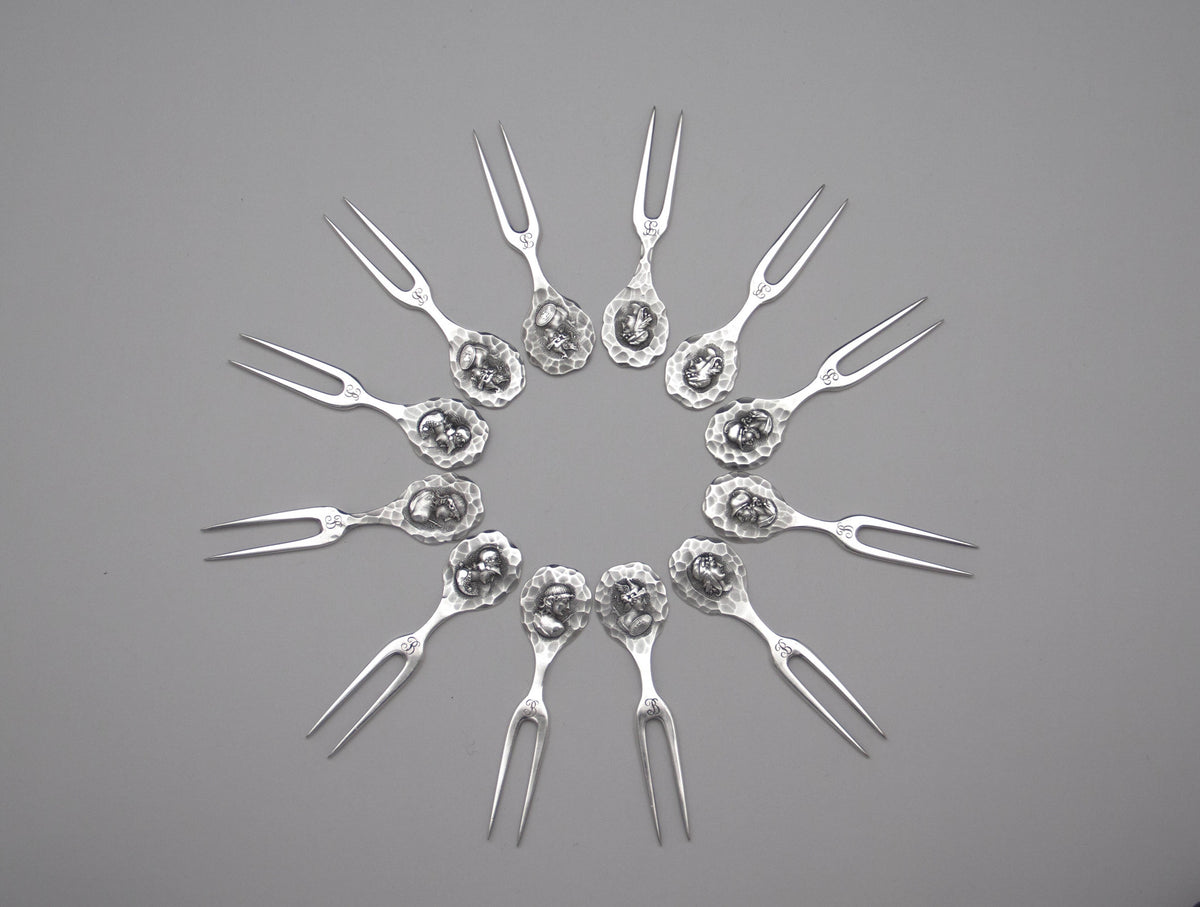 Shiebler &#39;Homeric&#39; or &#39;Medallion&#39; Antique Sterling Silver Cherry or Fruit Picks - set of 12, New York City, c. 1890&#39;s