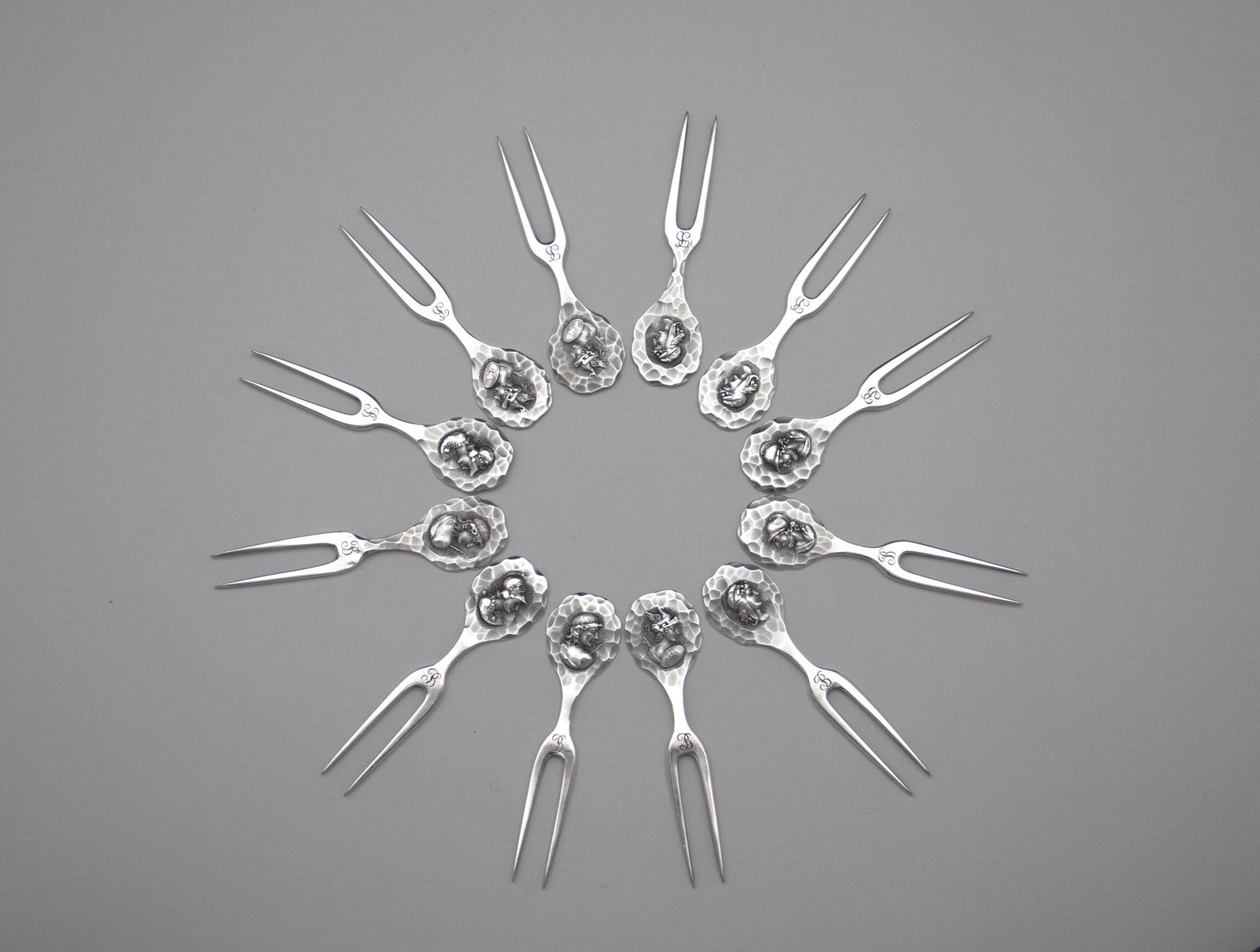 Shiebler 'Homeric' or 'Medallion' Antique Sterling Silver Cherry or Fruit Picks - set of 12, New York City, c. 1890's