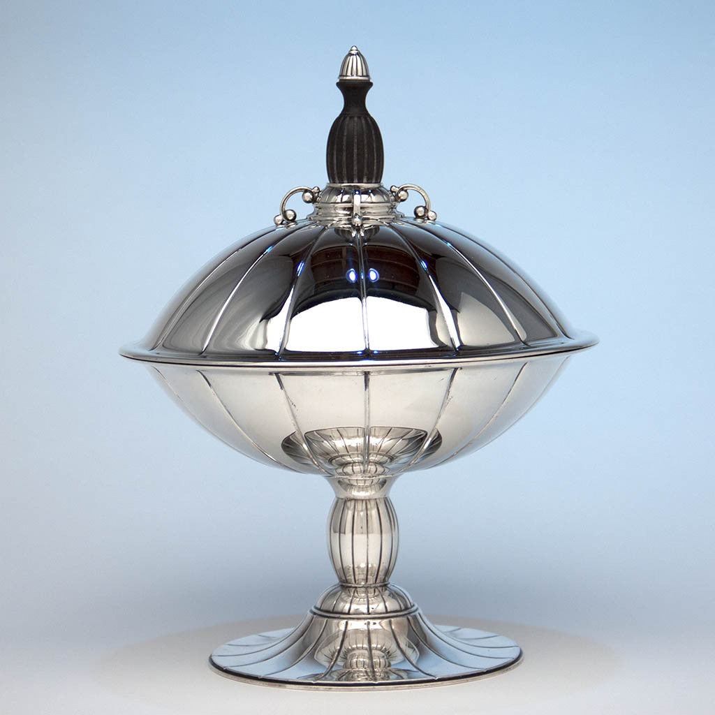 Erik Magnussen for Gorham Large Covered Centerpiece Compote with Ebony Finial, Providence, RI, 1926