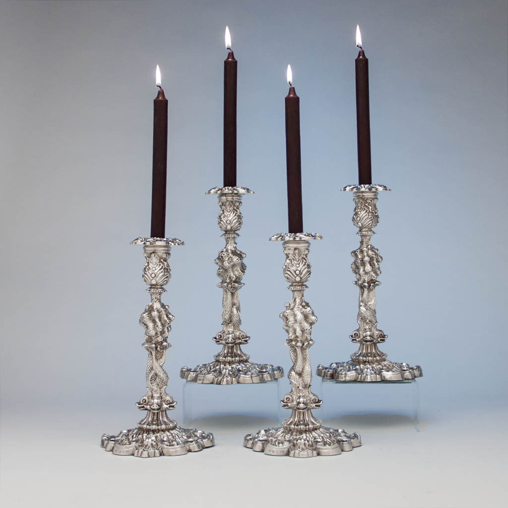 John Watson Set of 4 Regency English Antique Sterling Figural Candlesticks, Sheffield, 1815/16