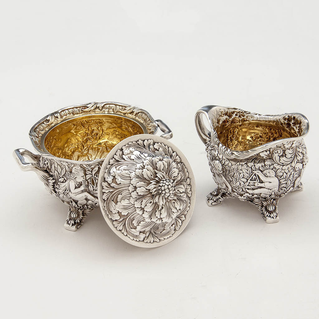 Gilt interiors to Tiffany &amp; Co Figural Chrysanthemum Antique Sterling Silver Coffee Service Designed by Charles T. Grosjean, NYC, c. 1880-85