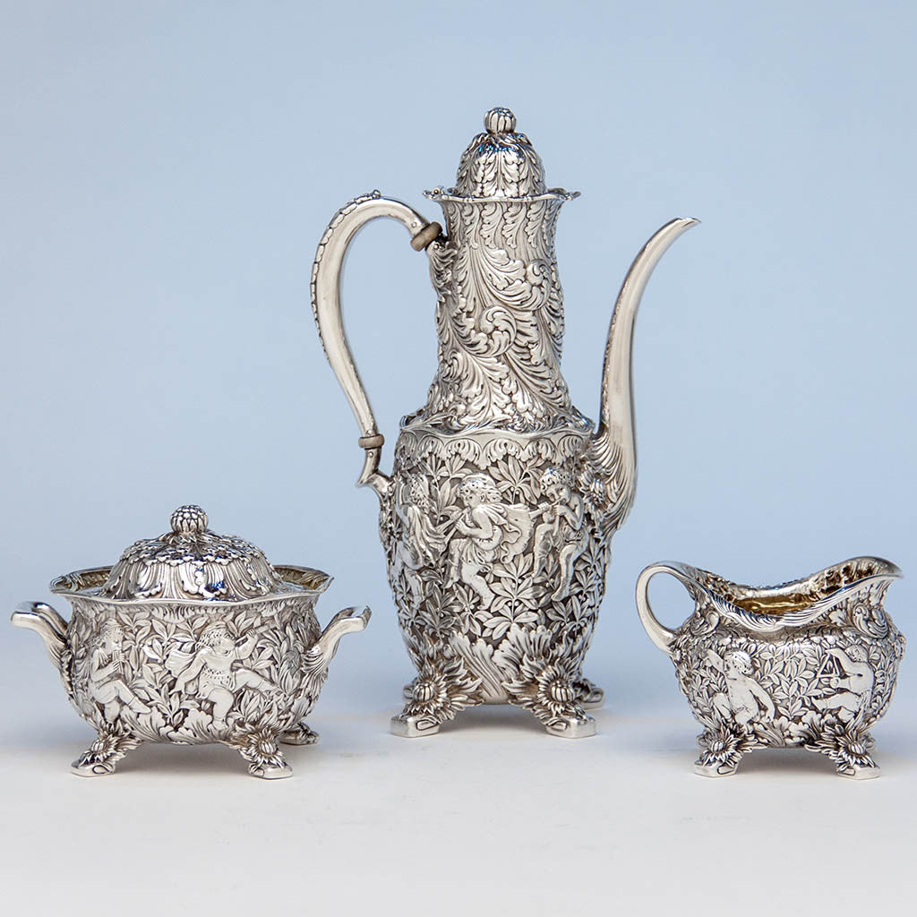 Tiffany & Co Figural Chrysanthemum Antique Sterling Silver Coffee Service Designed by Charles T. Grosjean, NYC, c. 1880-85