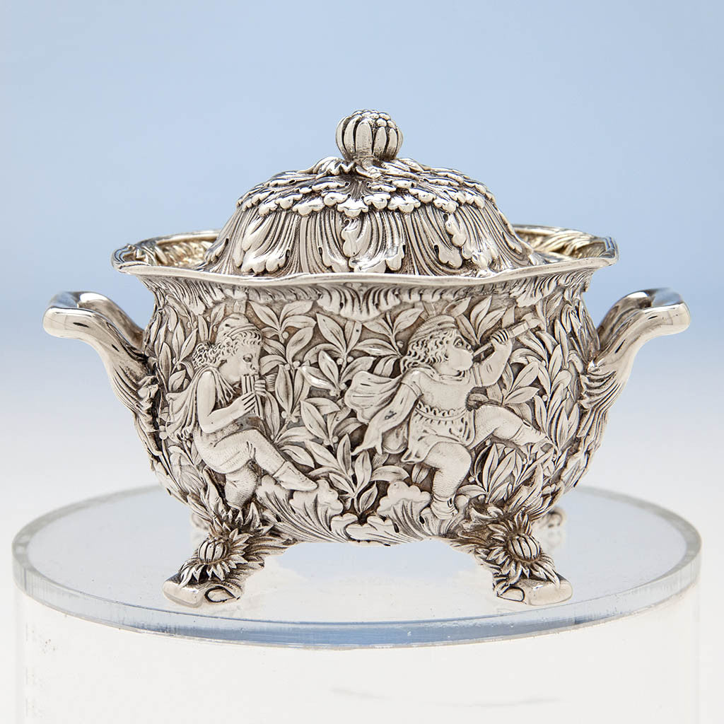 Sugar bowl closeup to Tiffany &amp; Co Figural Chrysanthemum Antique Sterling Silver Coffee Service Designed by Charles T. Grosjean, NYC, c. 1880-85