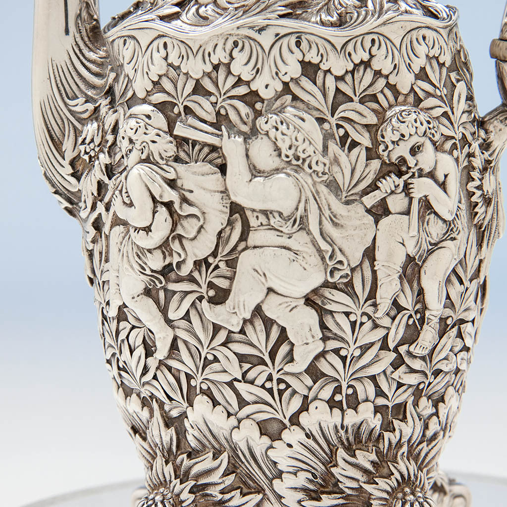 Detail on Tiffany &amp; Co Figural Chrysanthemum Antique Sterling Silver Coffee Service Designed by Charles T. Grosjean, NYC, c. 1880-85