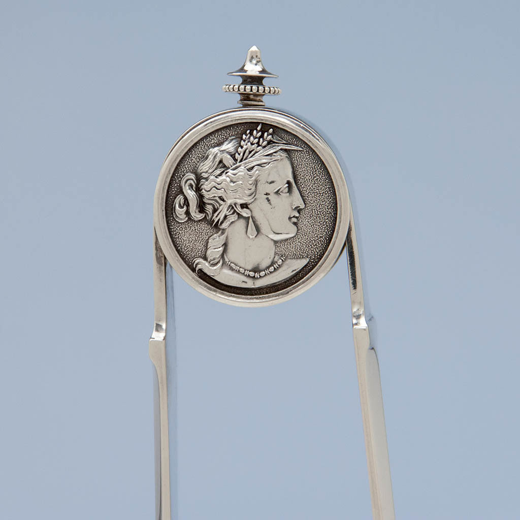 Female Portrait on Gorham &#39;Medallion&#39; Pattern Antique Sterling Silver Asparagus Tongs, Providence, c. 1870
