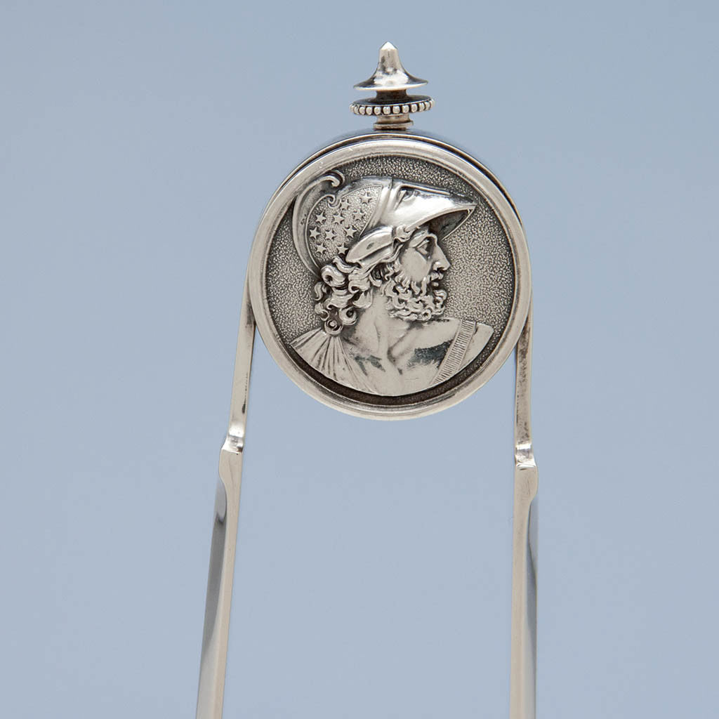 Male portrait on Gorham &#39;Medallion&#39; Pattern Antique Sterling Silver Asparagus Tongs, Providence, c. 1870