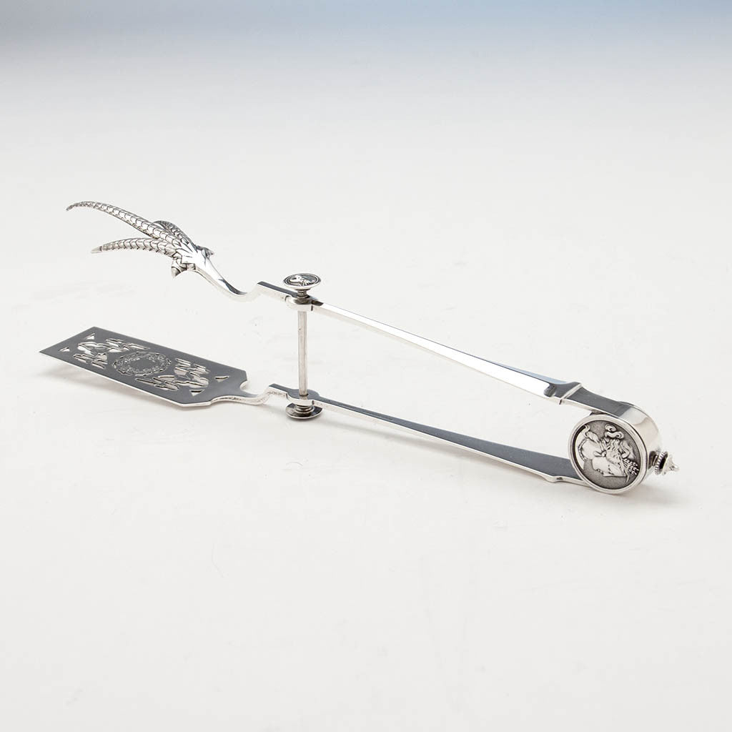 Gorham &#39;Medallion&#39; Pattern Antique Sterling Silver Asparagus Tongs, Providence, c. 1870