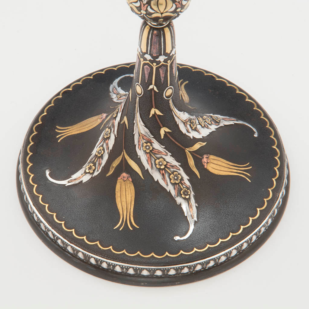 Tiffany & Co. Aesthetic Movement Iron Candlesticks Inlaid
