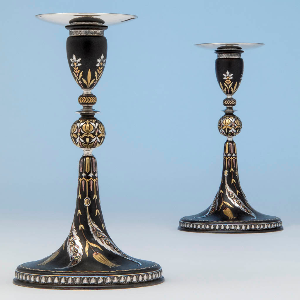 Tiffany & Co. Aesthetic Movement Iron Candlesticks Inlaid with Gold, Silver and Copper, New York City, 1878, Exhibited at the Paris World's Exposition