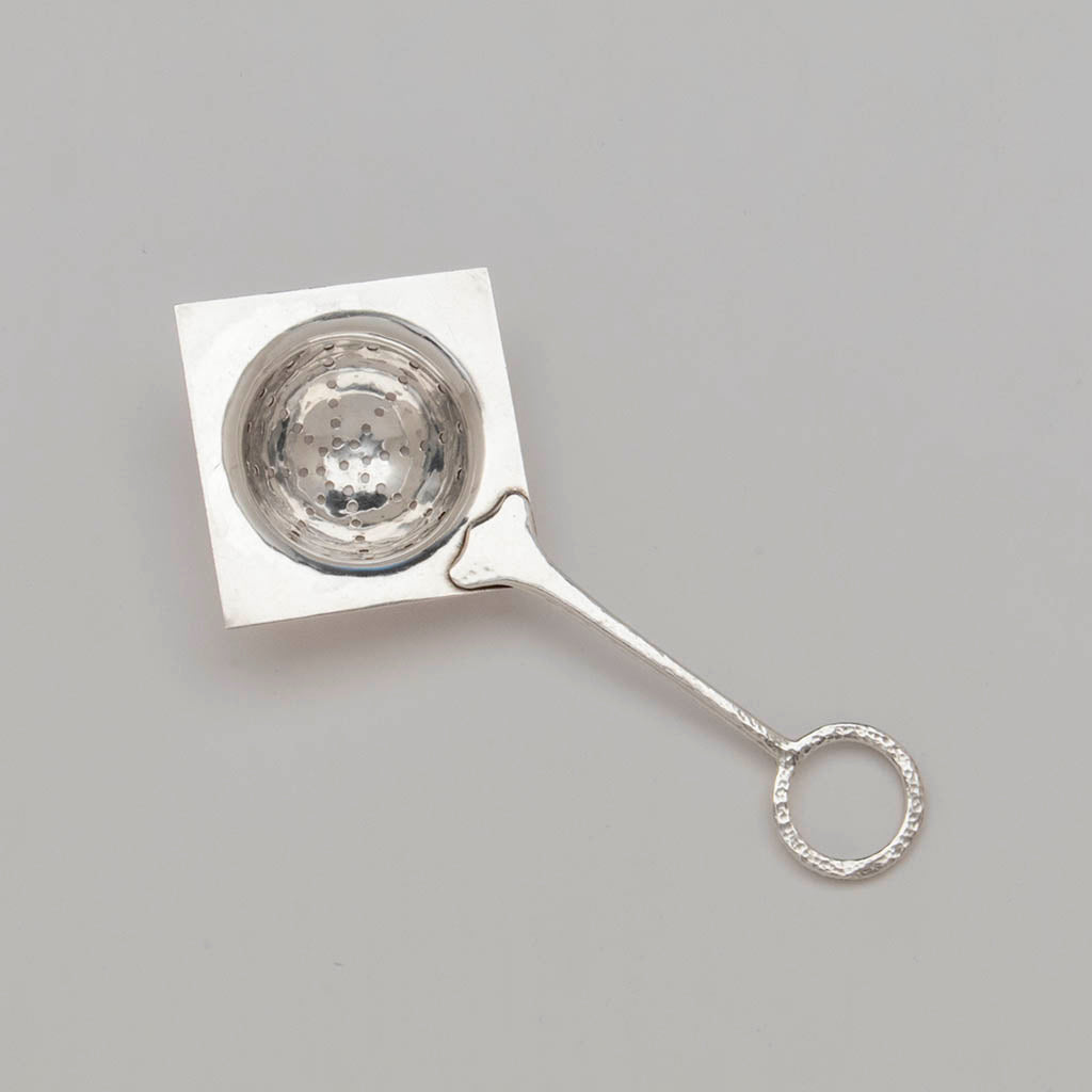 Top view of Franklin Porter Signed Sterling Silver Arts &amp; Crafts Tea Strainer, RI, MA, 1910-24
