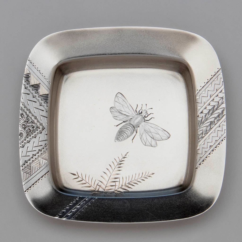 Bee detail of Gorham Japanesque Antique Parcel Gilt Ice Cream Plates - 2, Providence, RI, 1876