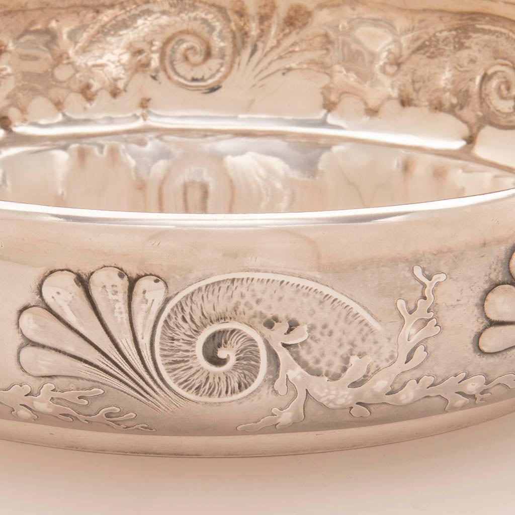 Dish detail of Whiting Nautical Theme Sterling Chafing Dish Corinthian Yacht Club Trophy, NYC, 1887