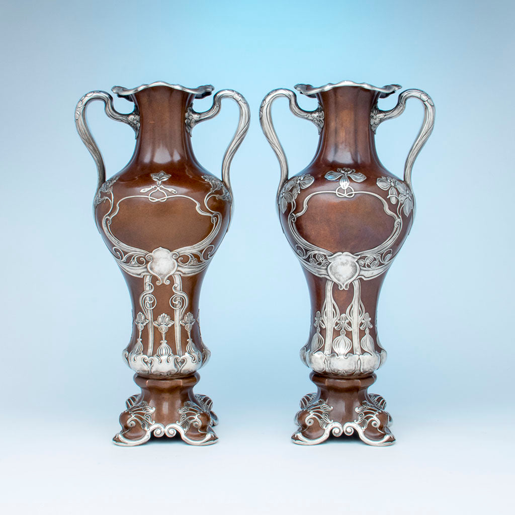 Gorham Pair of St Louis Exposition Copper and Silver Monumental Vases, Providence, RI, 1904