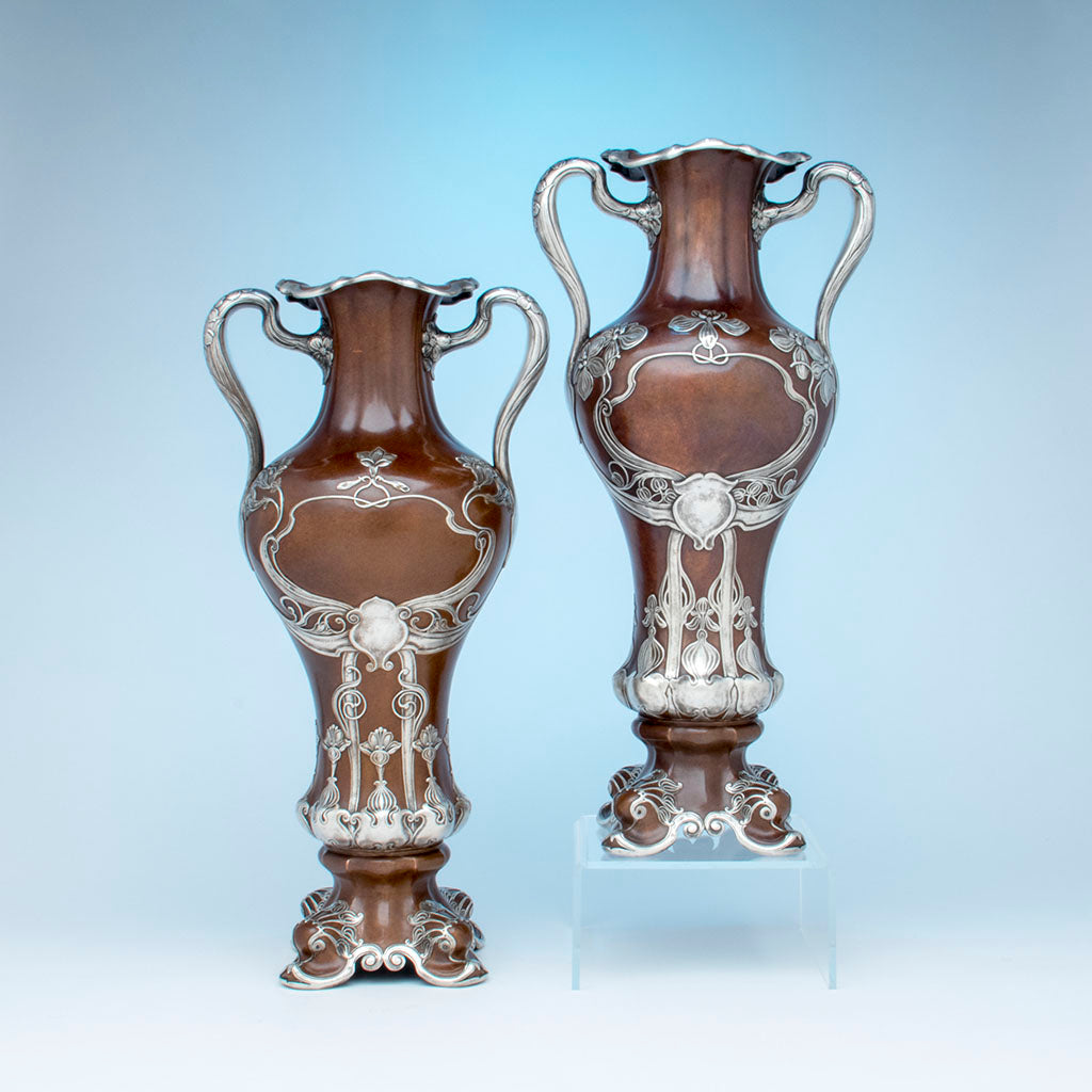 Gorham Pair of St Louis Exposition Copper and Silver Monumental Vases, Providence, RI, 1904