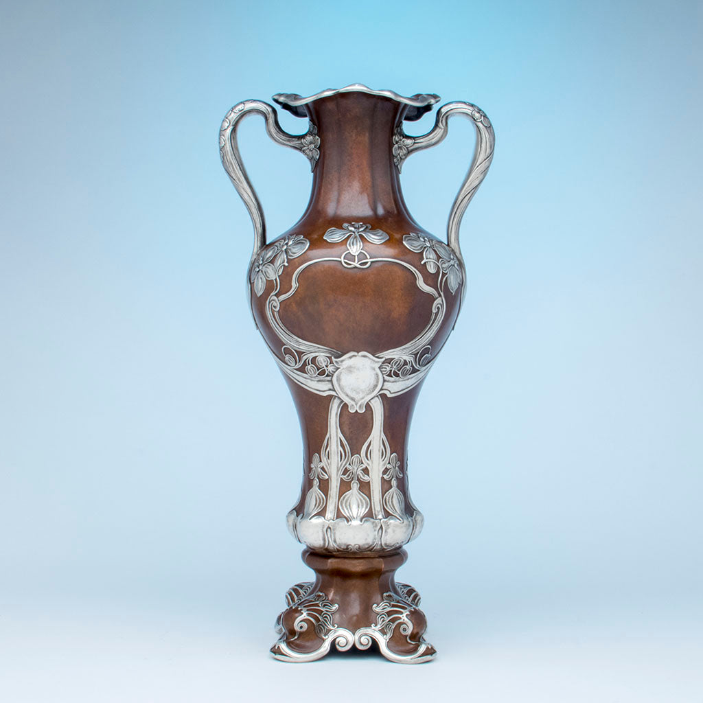 Gorham Pair of St Louis Exposition Copper and Silver Monumental Vases, Providence, RI, 1904