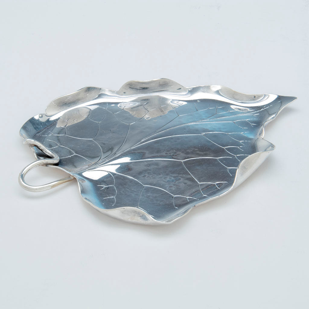 side of Marie Zimmermann (attr) Sterling Silver Arts and Crafts Naturalistic Leaf Dish, early/mid 20th c.