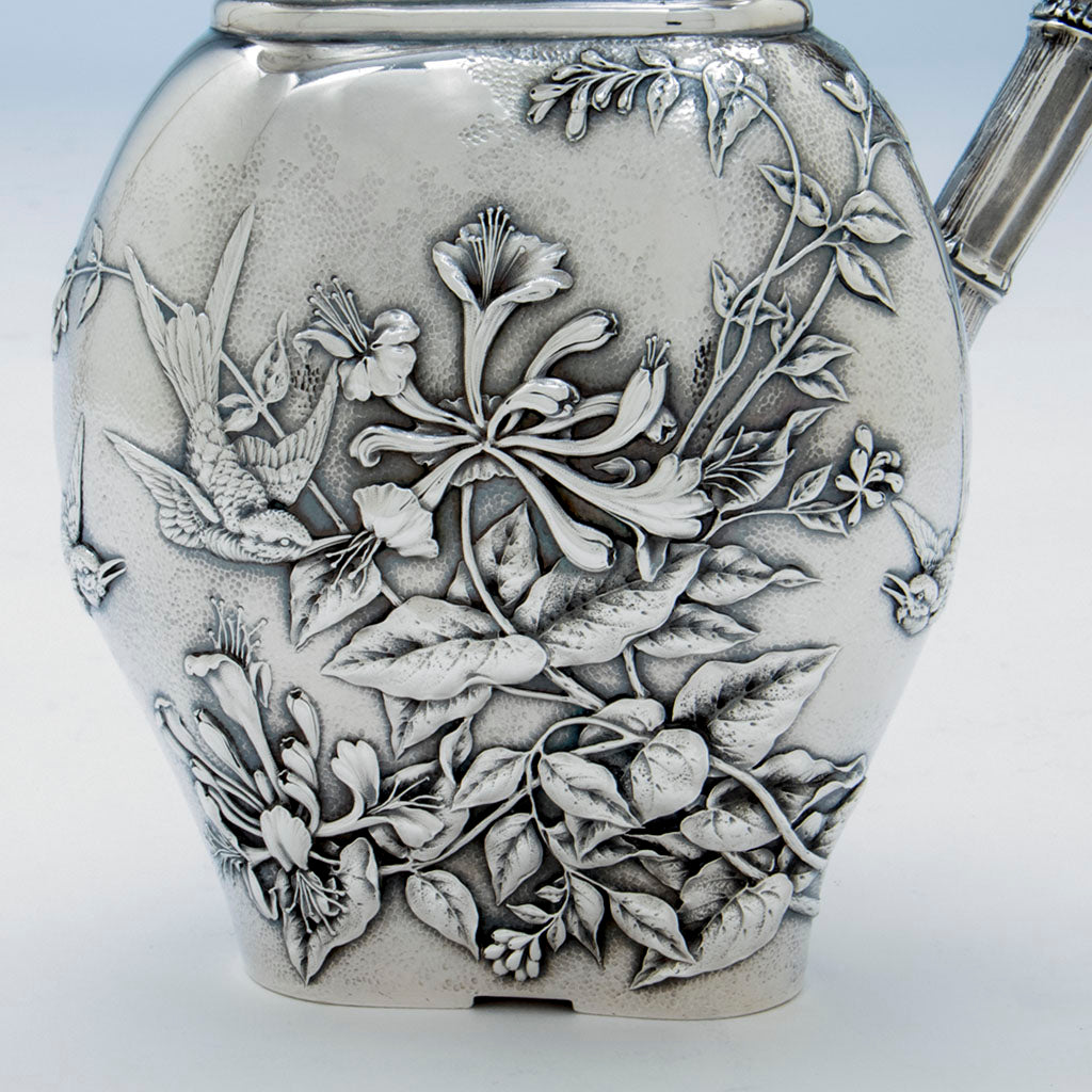 Foliage detail on Durgin Antique Sterling Silver Aesthetic Pitcher, Concord, NH, c. 1870&#39;s