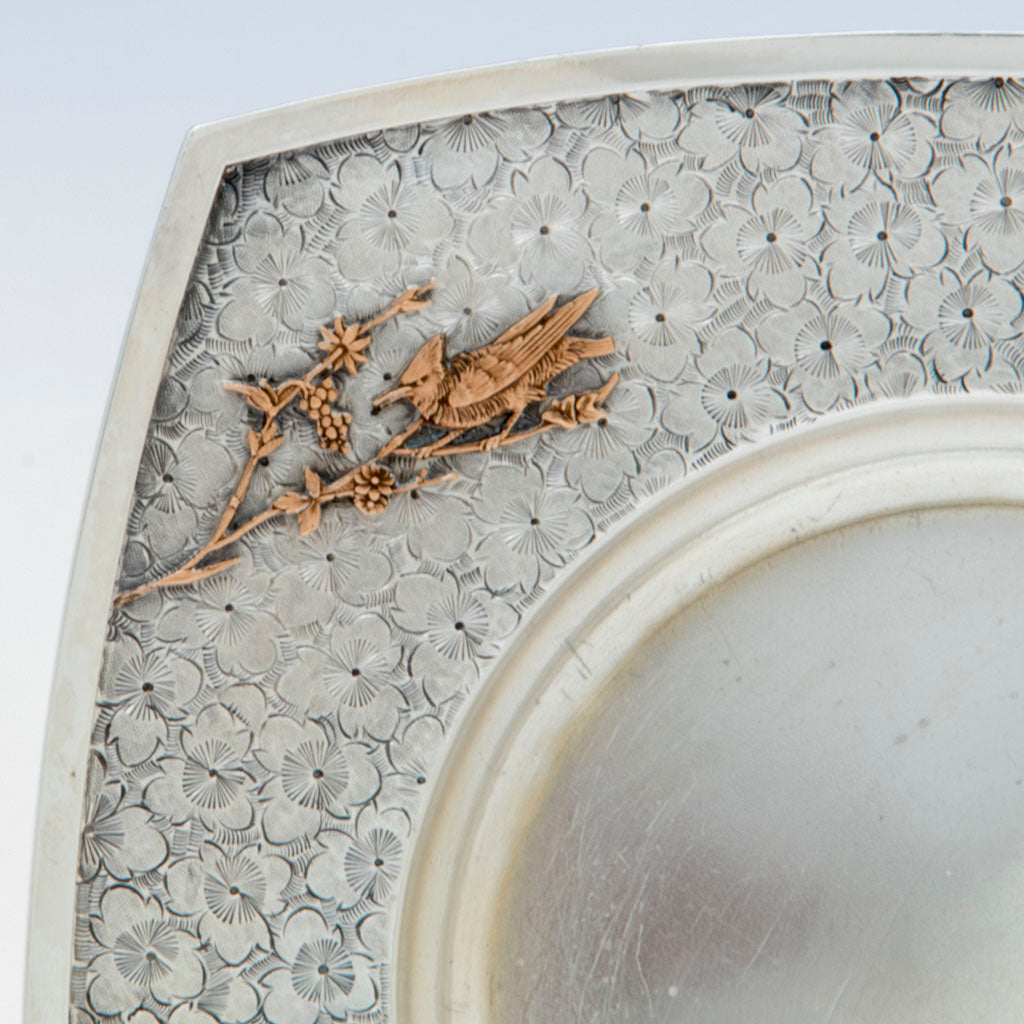 Bird on Dominick and Haff Antique Sterling Silver and Mixed Metal Dish, NYC, 1881