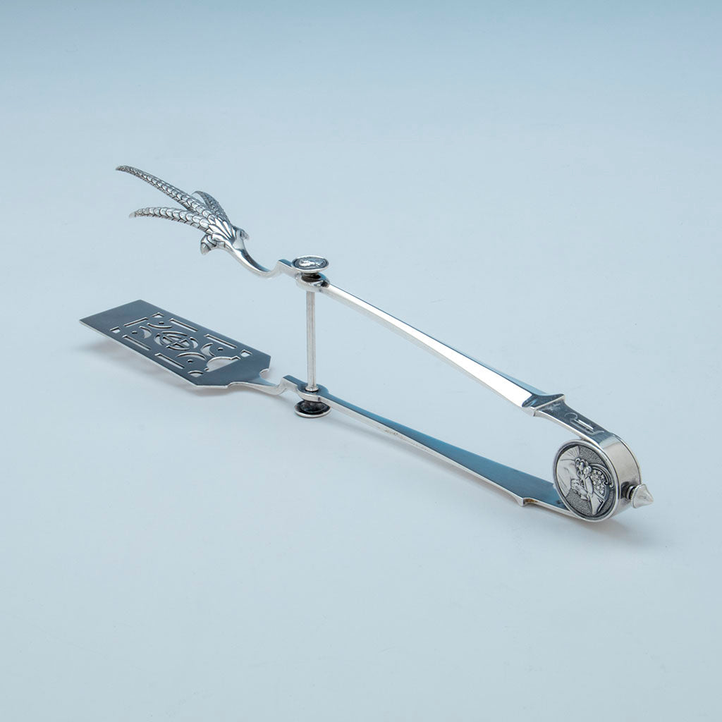 Gorham(attr) &#39;Medallion&#39; Pattern Antique Coin Silver Asparagus Tongs, Providence, c. 1870