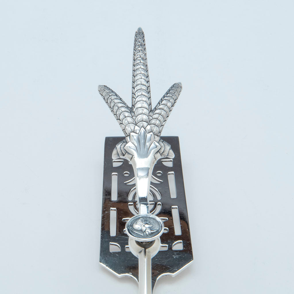 Claw detail of Gorham(attr) &#39;Medallion&#39; Pattern Antique Coin Silver Asparagus Tongs, Providence, c. 1870