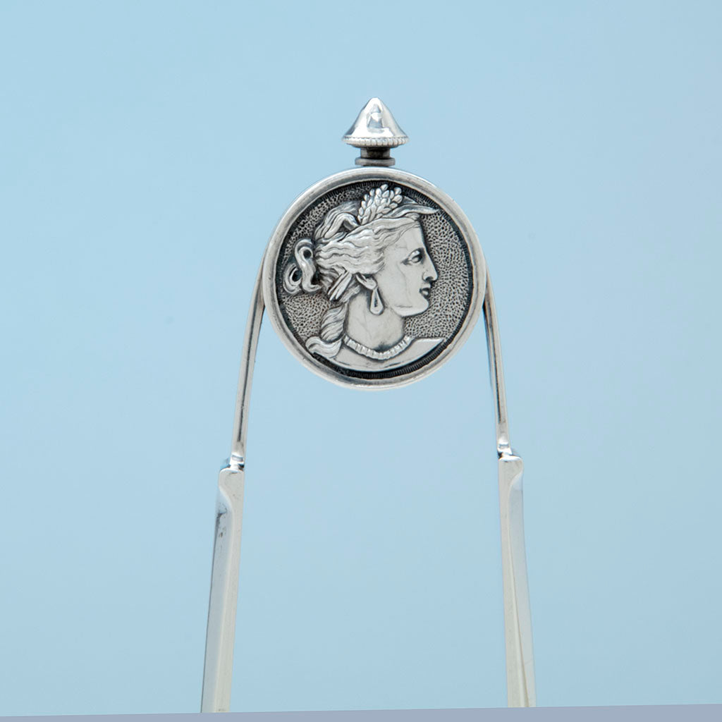 Ceres on Gorham(attr) &#39;Medallion&#39; Pattern Antique Coin Silver Asparagus Tongs, Providence, c. 1870