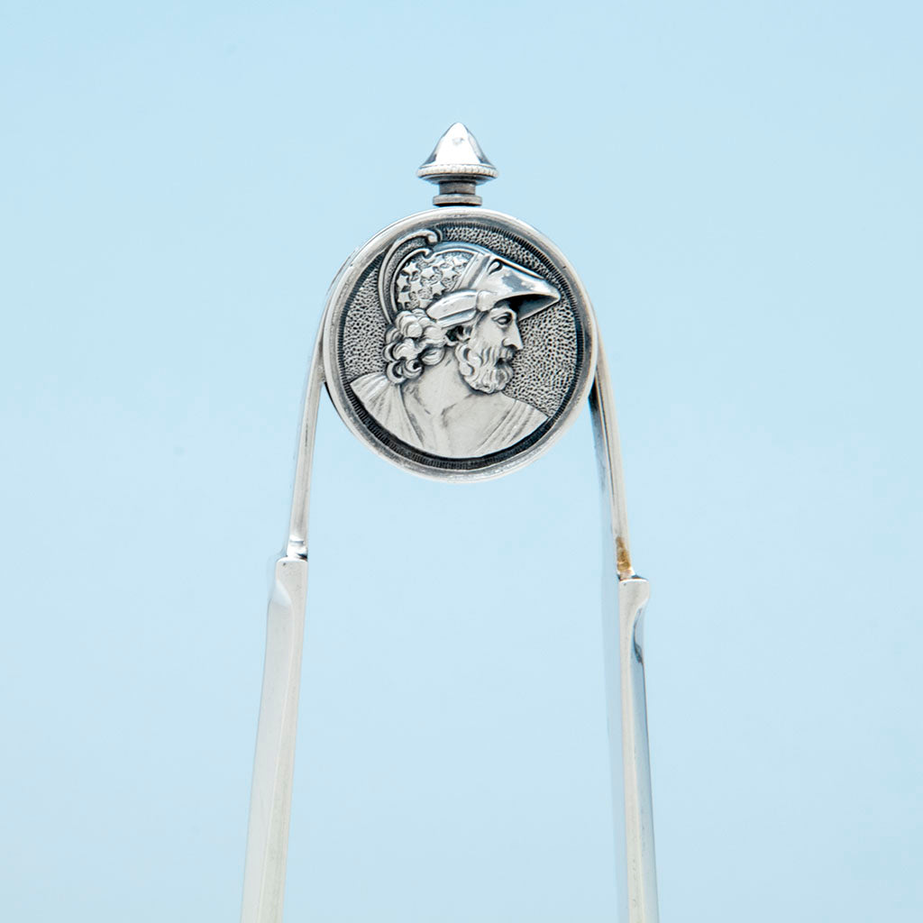 Achilles on Gorham(attr) &#39;Medallion&#39; Pattern Antique Coin Silver Asparagus Tongs, Providence, c. 1870