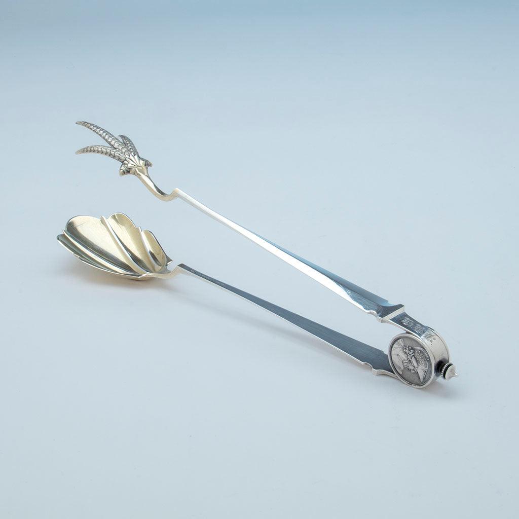 Gorham &#39;Medallion&#39; Pattern Antique Sterling Silver Ice Tongs, Providence, RI, c. 1870