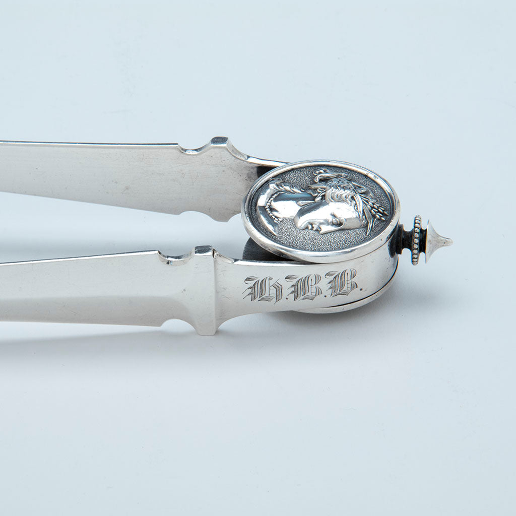 Monogram on Gorham &#39;Medallion&#39; Pattern Antique Sterling Silver Ice Tongs, Providence, RI, c. 1870