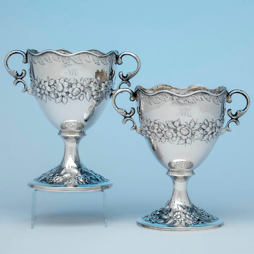 Samuel Kirk Pair of Antique Silver Vases, Baltimore, MD, 1830-46