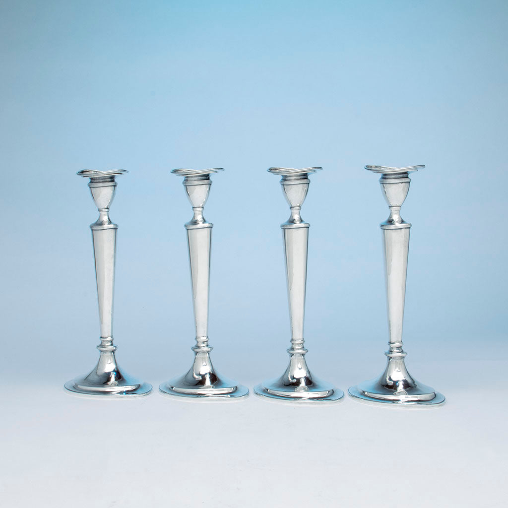 Side view of Arthur Stone Set of 4 &#39;Scrooby Oval&#39; Arts and Crafts Sterling Candlesticks, Gardner, MA, c. 1920