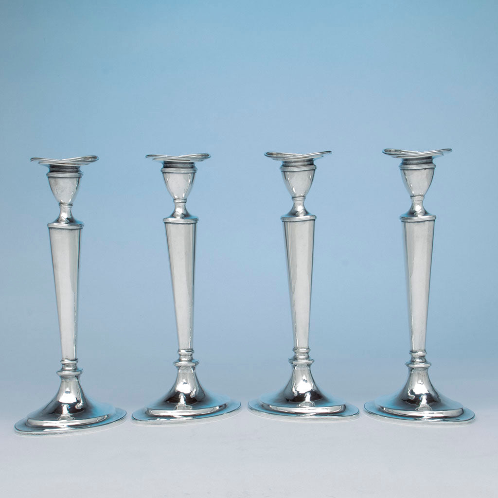 Rare set of Arthur Stone &#39;Scrooby Oval&#39; Arts and Crafts Sterling Candlesticks, Gardner, MA, c. 1920