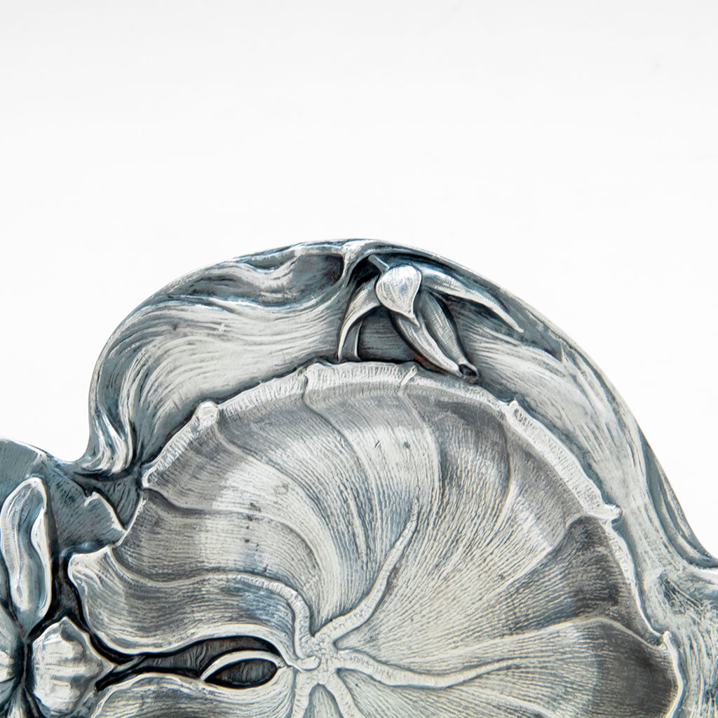 Border detail of Alvin Water Lily Design Antique Sterling Silver Dish, Sag Harbor, NY, c. 1900