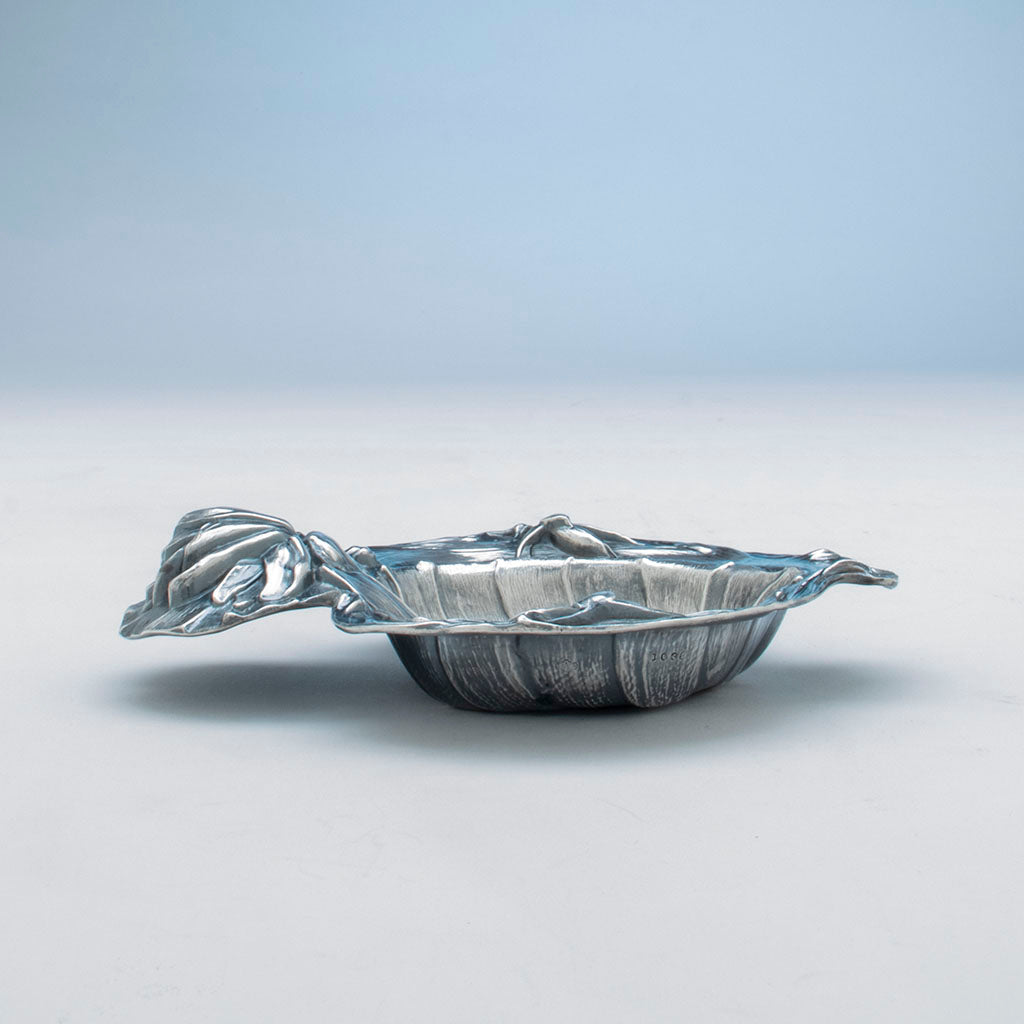 Side view of Alvin Water Lily Design Antique Sterling Silver Dish, Sag Harbor, NY, c. 1900
