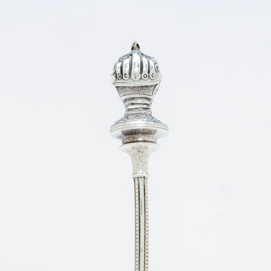 Handle front of George Sharp Antique Sterling Silver Knight Helmet Sauce Ladle, Philadelphia, PA, c. late 1860&#39;s