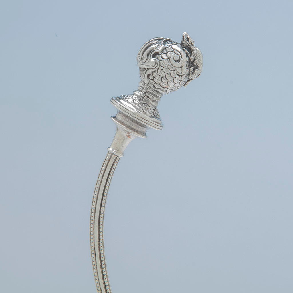 Handle side view of George Sharp Antique Sterling Silver Knight Helmet Sauce Ladle, Philadelphia, PA, c. late 1860&#39;s