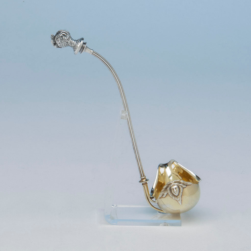 Side view of George Sharp Antique Sterling Silver Knight Helmet Sauce Ladle, Philadelphia, PA, c. late 1860&#39;s