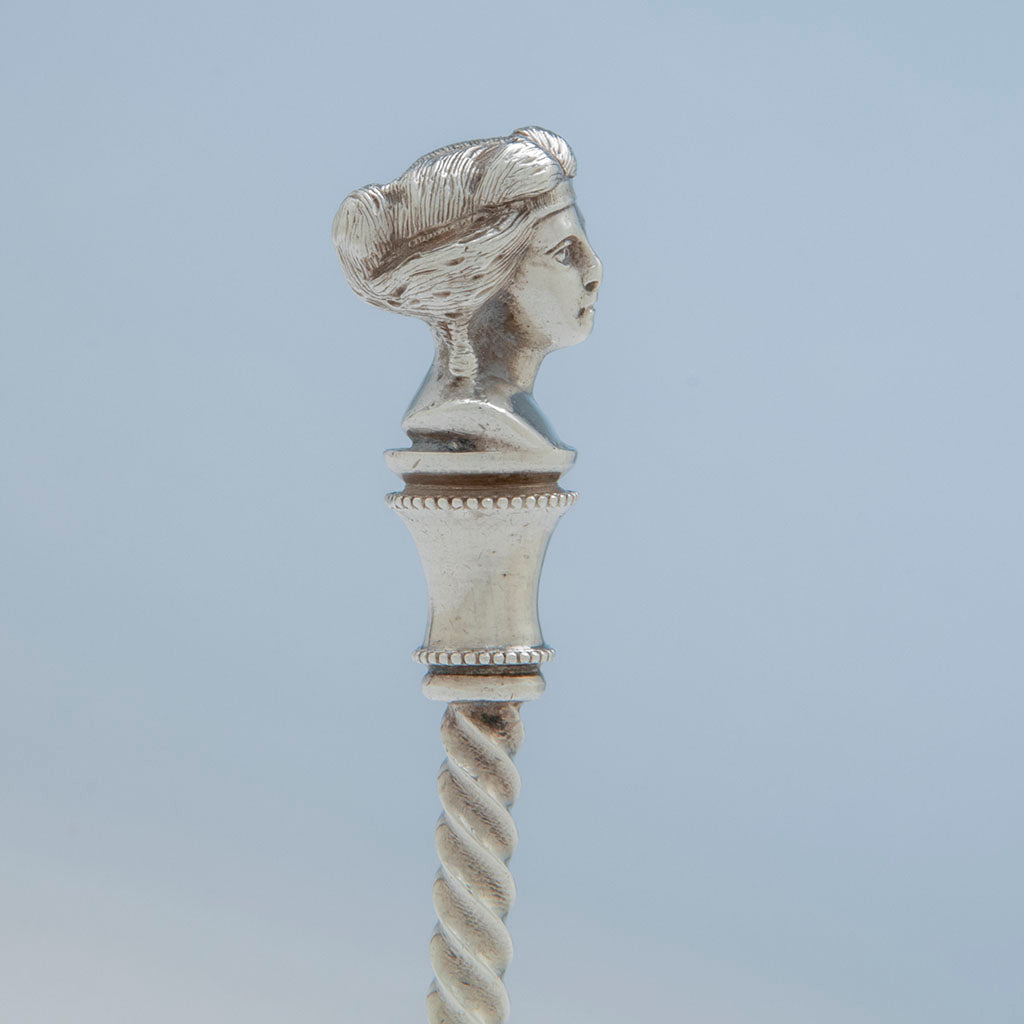 Side detail of Duhme &amp; Co Antique Coin Silver &#39;Bust&#39; DesignCheese Scoop, Cincinnati, OH, c. 1860&#39;s