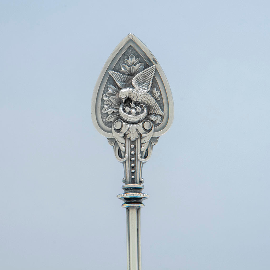 Pattern detail of Whiting &#39;Bird on Nest&#39; Antique Sterling Silver Serving Scoop, Attleboro, MA or New York City, c. 1876