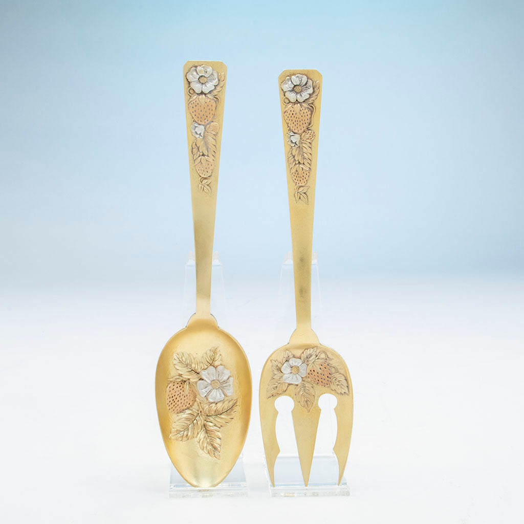 Shreve & Co Strawberry Design Antique Silver Gilt Salad Servers, San Francisco, 1883-94