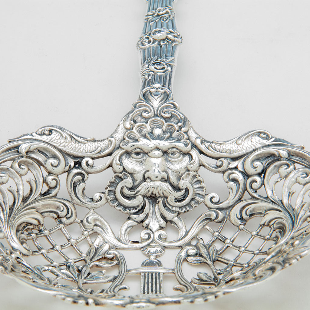 Mask detail of Gorham Antique Sterling Silver Bonbonniere, Providence, RI, 1897