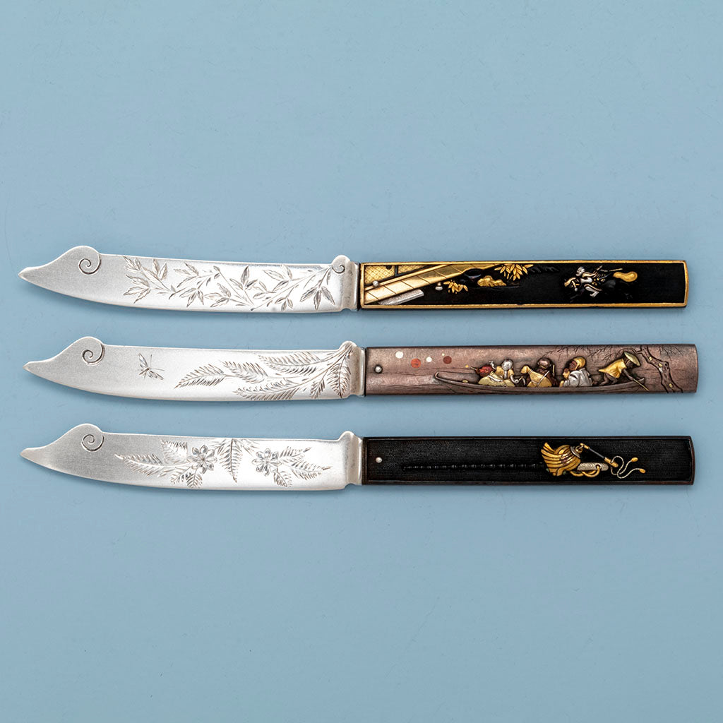 Front detail d of Gorham Antique Mixed Metal Japanesque Dessert Knives with Japanese Handles, set of 11, Providence, RI, 18th &amp; 19th century