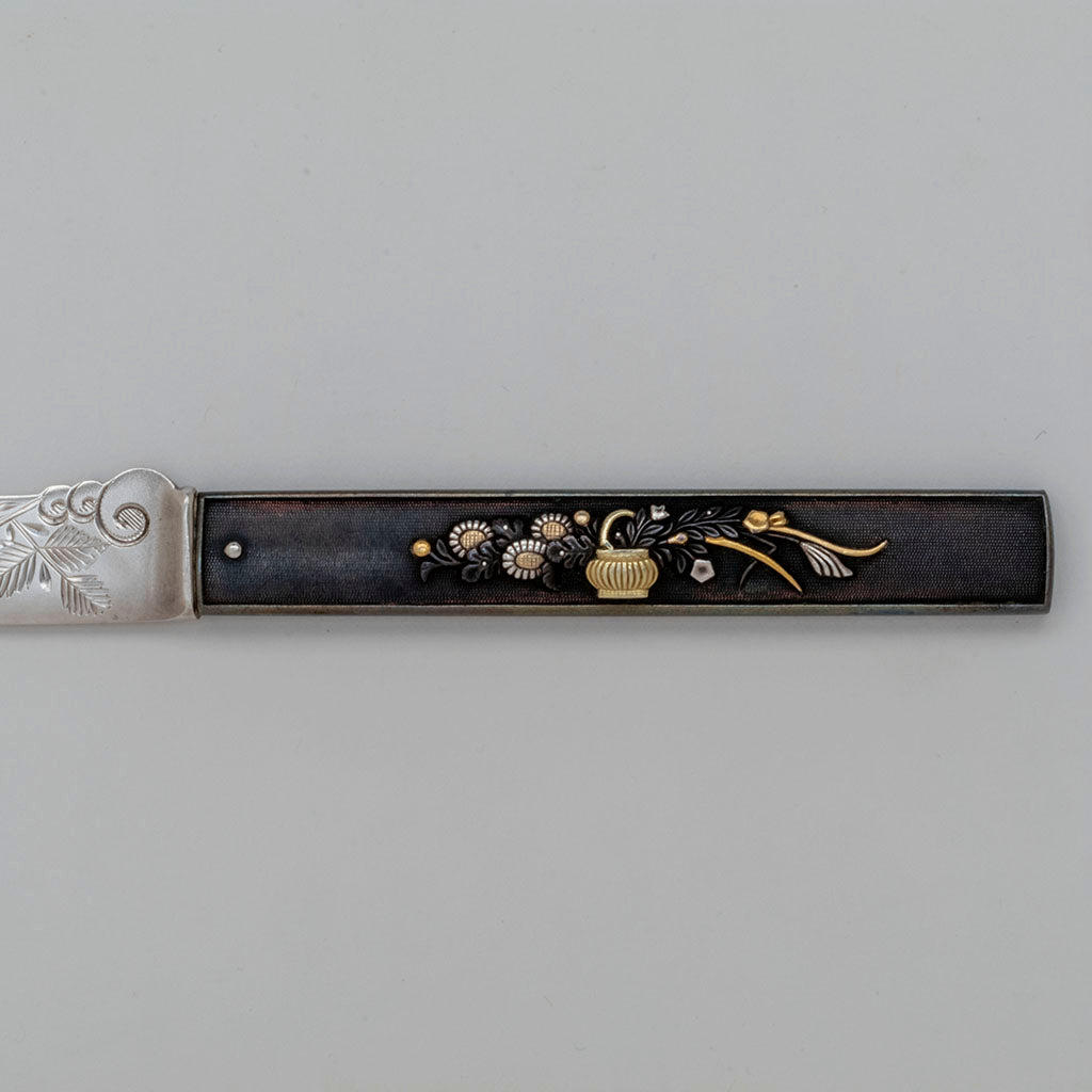 Mixed metal detail on Gorham Antique Mixed Metal Japanesque Dessert Knives with Japanese Handles, set of 11, Providence, RI, 18th &amp; 19th century