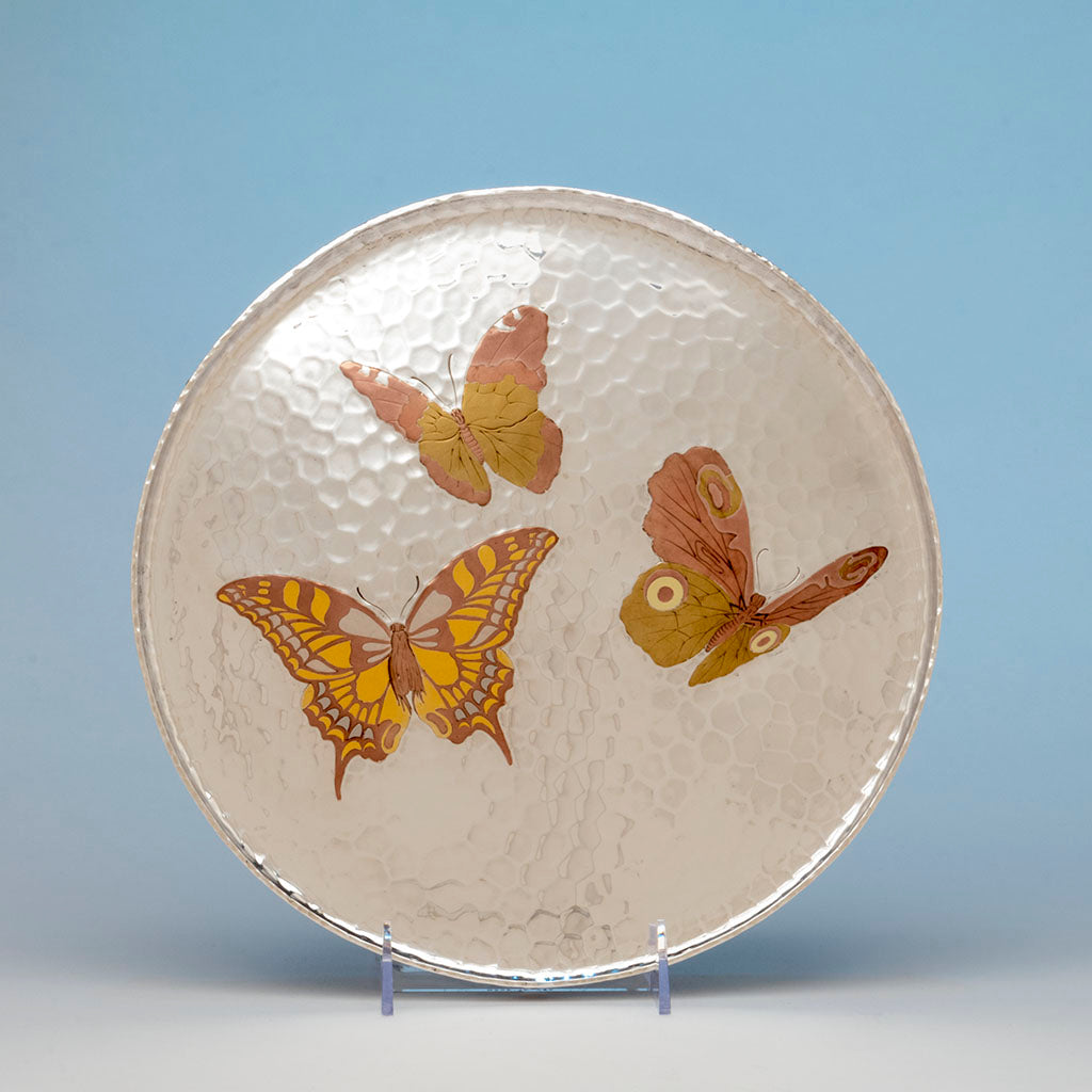 Tiffany and Co Antique Sterling Silver and Mixed Metals Butterfly Salver, NYC, NY, c. 1880