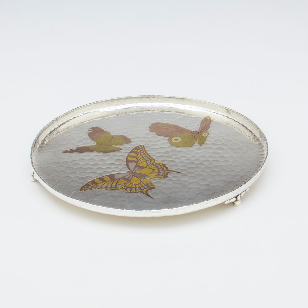Top view of Tiffany and Co Antique Sterling Silver and Mixed Metals Butterfly Salver, NYC, NY, c. 1880