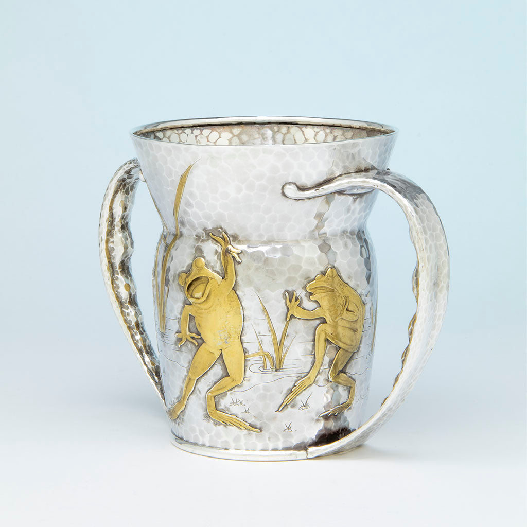 Dancing frogs on Tiffany &amp; Co. Antique Sterling Silver Reveling Frogs Two-handled Cup, NYC, NY, c. 1880