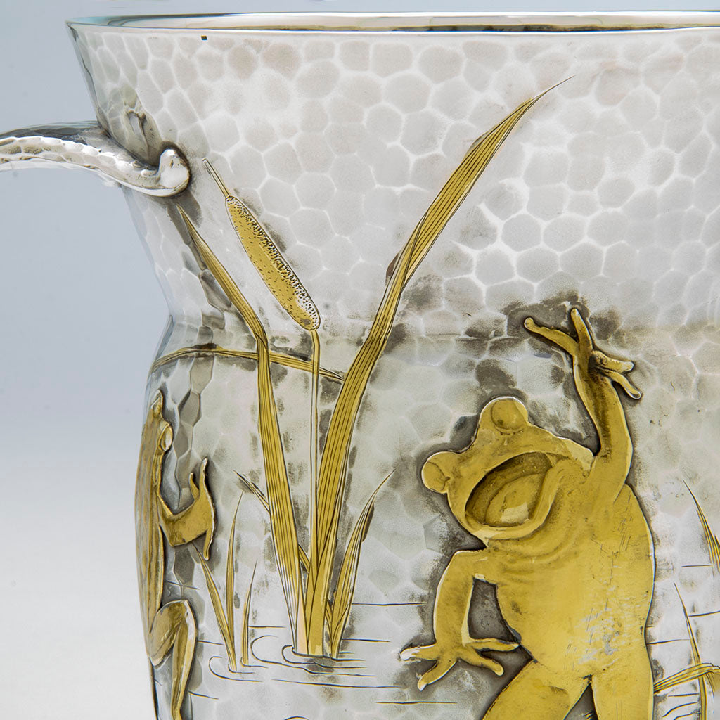 Cattails and French import mark on Tiffany &amp; Co. Antique Sterling Silver Reveling Frogs Two-handled Cup, NYC, NY, c. 1880