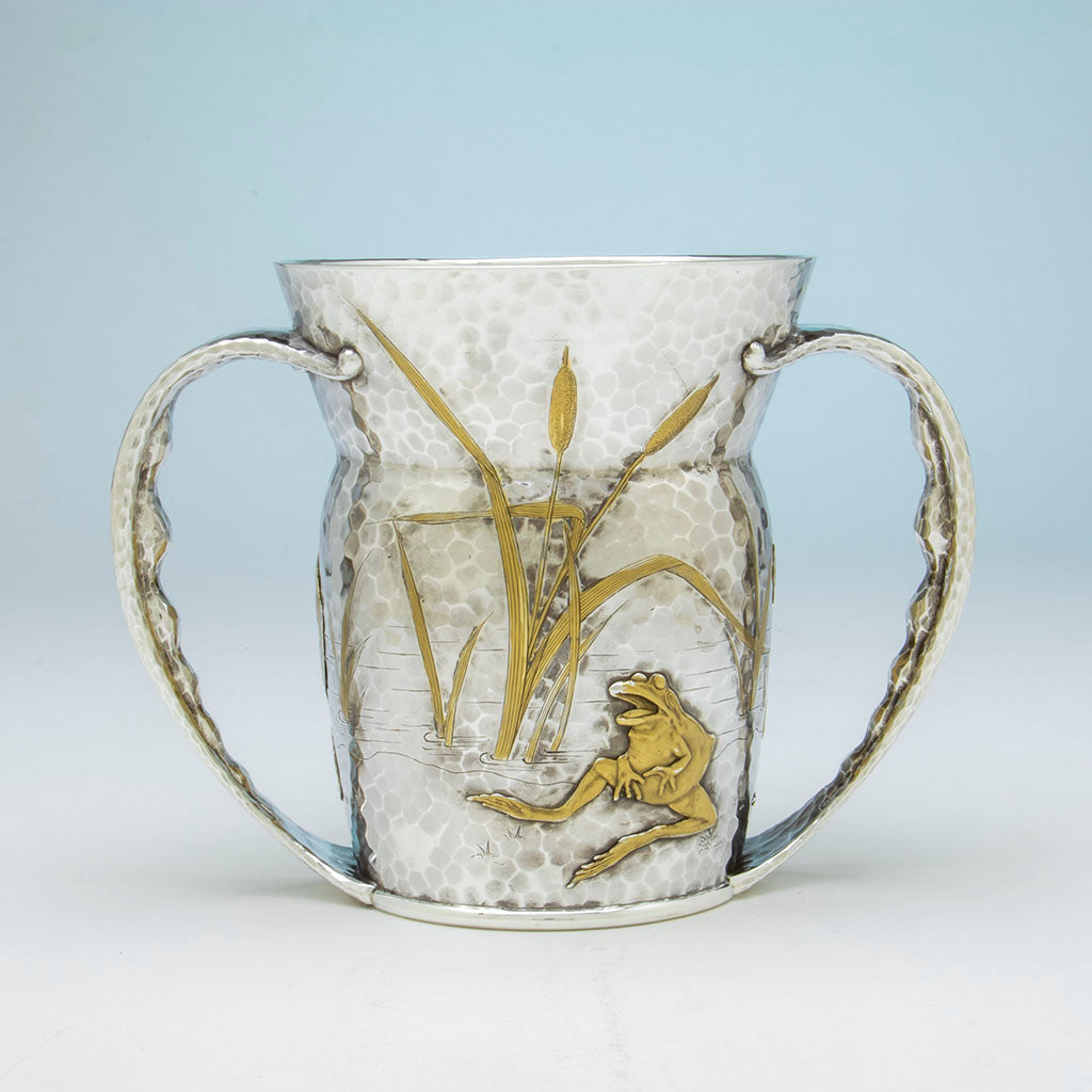 Tiffany &amp; Co. Antique Sterling Silver Reveling Frogs Two-handled Cup, NYC, NY, c. 1880