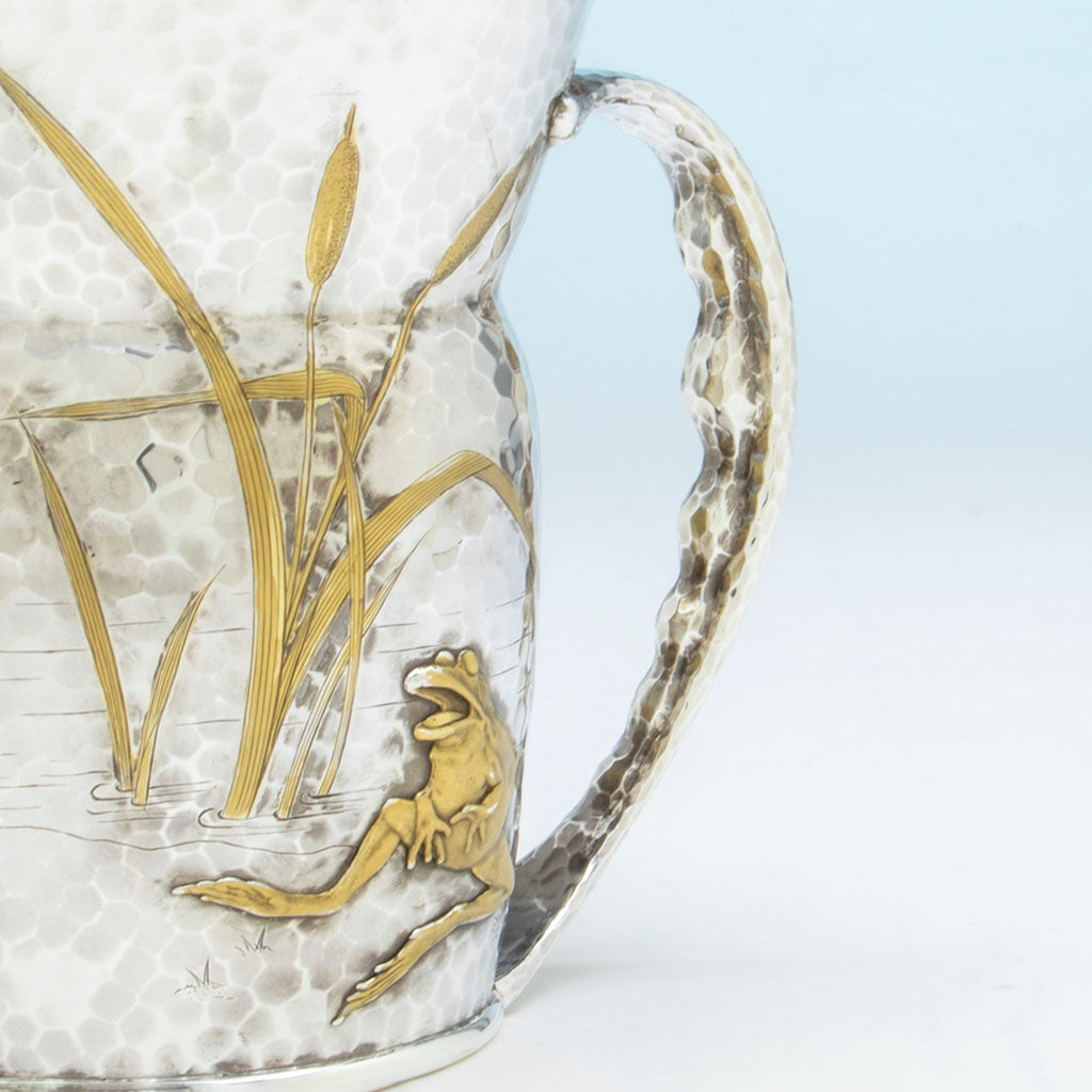 Cattails and handle on Tiffany &amp; Co. Antique Sterling Silver Reveling Frogs Two-handled Cup, NYC, NY, c. 1880