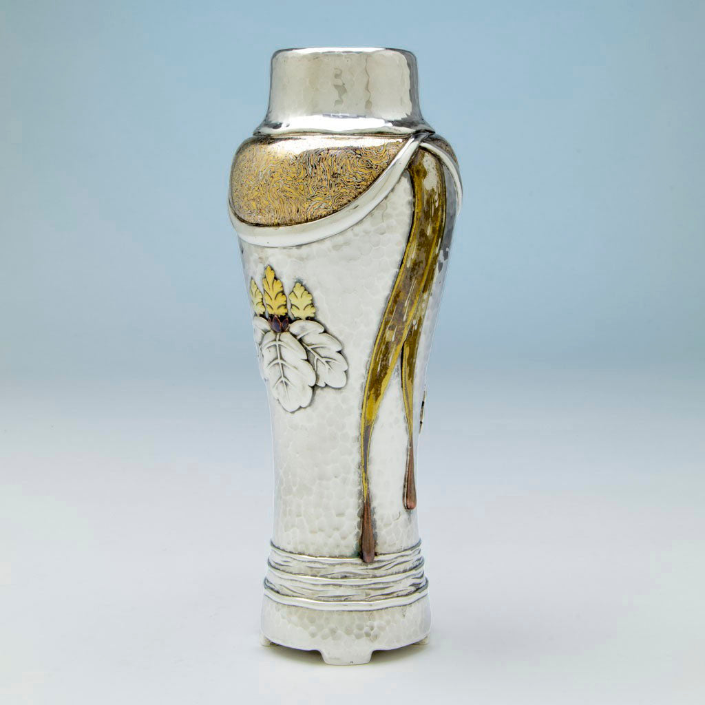 Tiffany & Co. Japonesque Sterling and Other Metals Vase (attr. Edward C. Moore, 1878 Paris Exhibition), NYC, NY, c. 1878